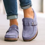 Lavender orthopedic slip-on loafers with buckle strap and stitched side seams