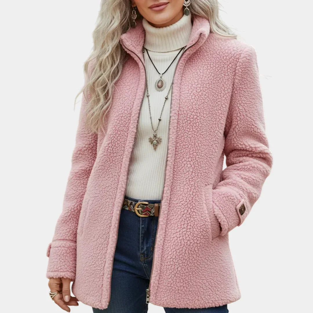 Pink soft mid-length textured coat with front zipper and stand collar