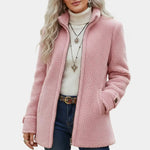 Pink soft mid-length textured coat with front zipper and stand collar