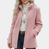 Pink soft mid-length textured coat with front zipper and stand collar