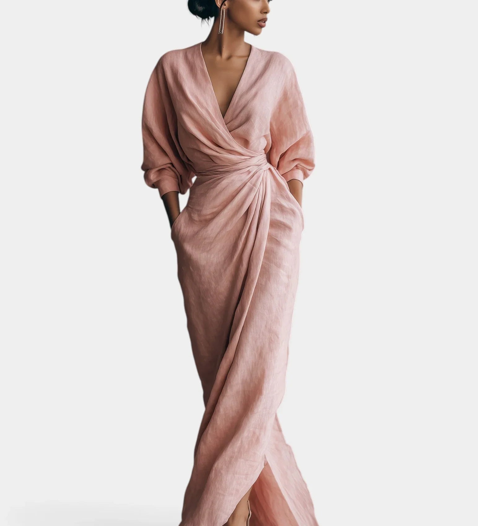 Pink wrap maxi dress, V-neck, knotted waist, long sleeves, side slit