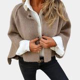 Khaki short jacket with snap button front and rounded collar, long sleeves