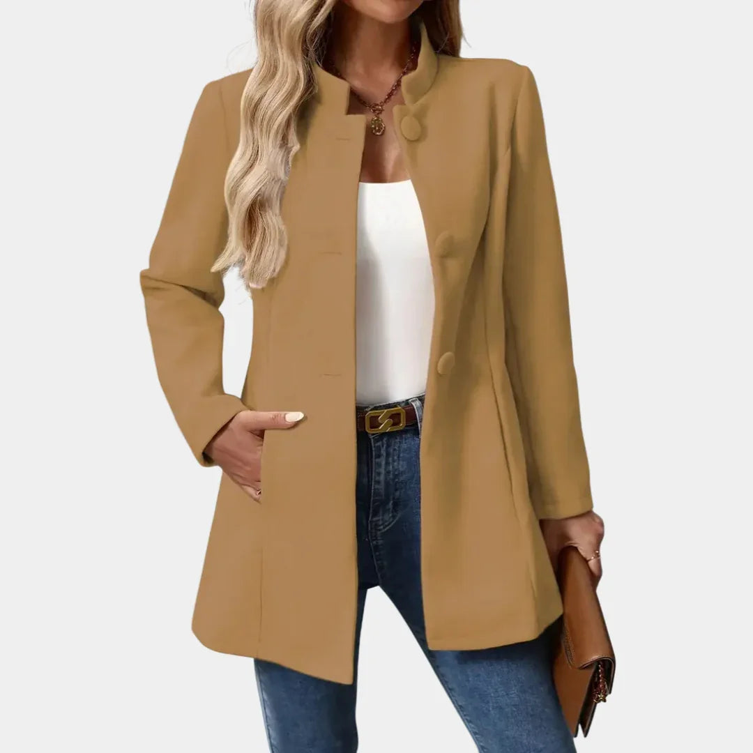 Camel button-front blazer jacket with notched lapel and long sleeves