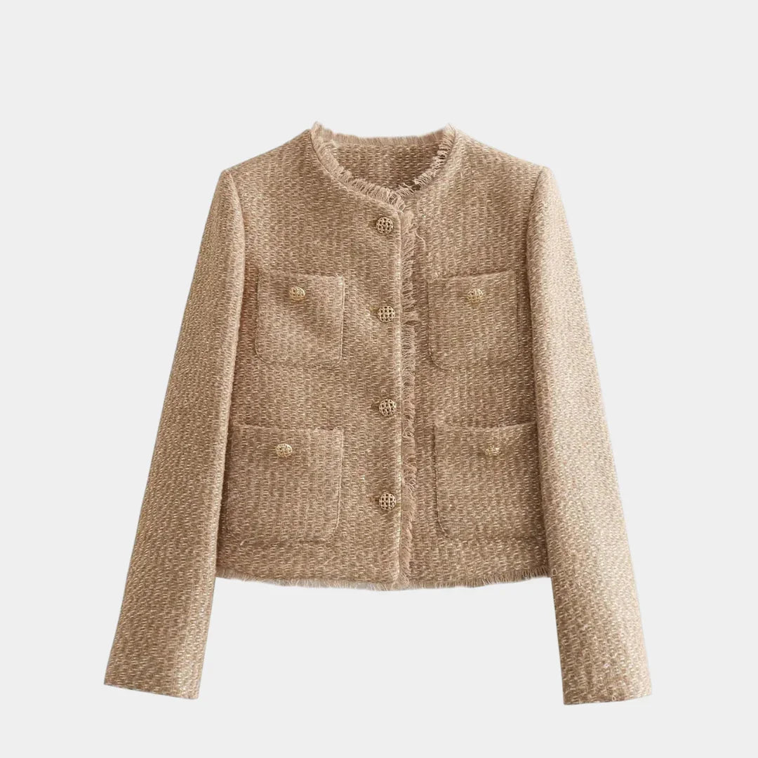 Beige textured cropped jacket with front buttons and two flap chest pockets.
