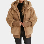 Women's brown down jacket with hood, zip front, sherpa fleece cuffs