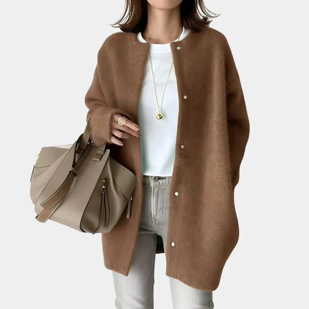 Brown button-front cardigan with long sleeves, open placket and round neckline.