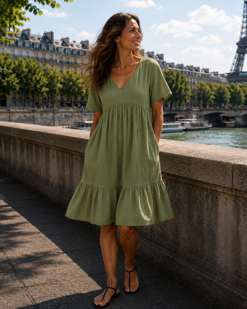 Olive green textured V-neck midi dress with short sleeves and tiered skirt
