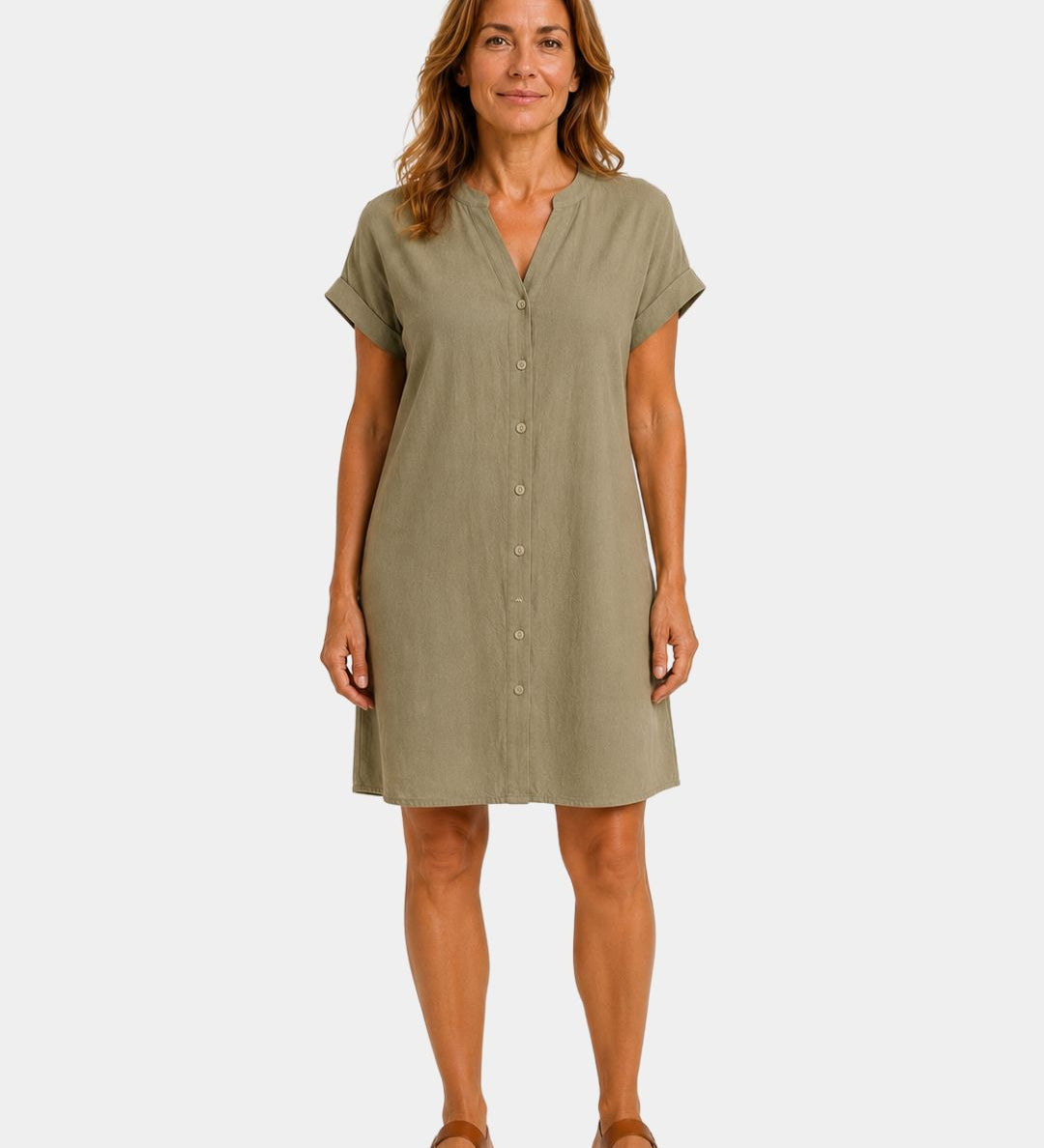 Women’s light dress in olive green, short sleeves, V-neck, button-front, above-knee length