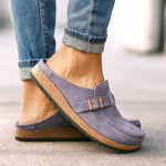Purple orthopedic slip-on loafers with buckle strap and speckled sole