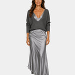 Gray V-neck dress with blouse top and satin midi skirt