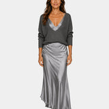 Gray V-neck dress with blouse top and satin midi skirt