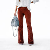 Rust-red corduroy flared pants with high waist and wide leg openings