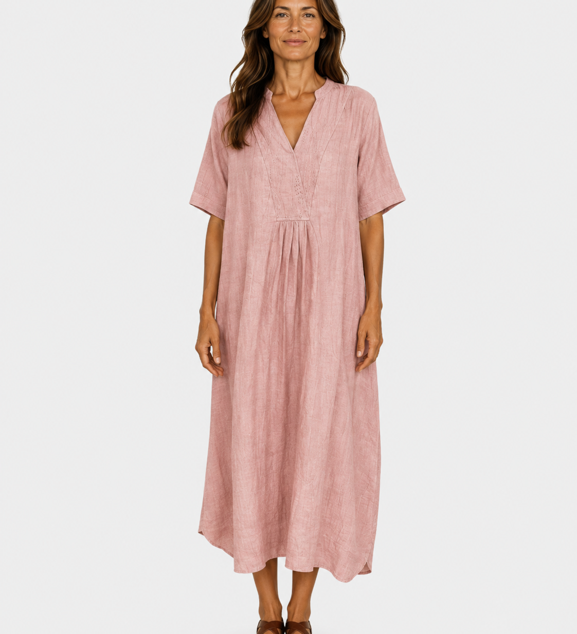 Pink midi dress with V-neck, short sleeves, gathered waist and relaxed fit