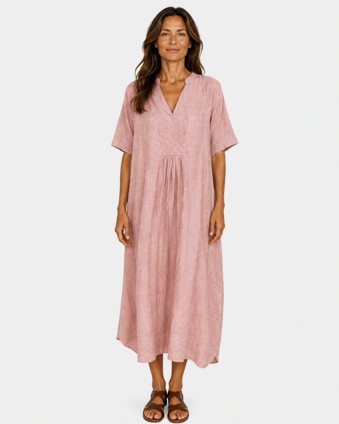 Pink midi dress with V-neck, short sleeves, gathered waist and relaxed fit