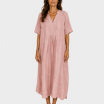 Pink midi dress with V-neck, short sleeves, gathered waist and relaxed fit