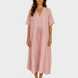 Pink midi dress with V-neck, short sleeves, gathered waist and relaxed fit