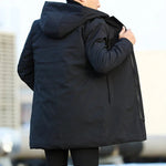Black waterproof jacket with attached hood and quilted interior lining