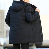 Black waterproof jacket with attached hood and quilted interior lining