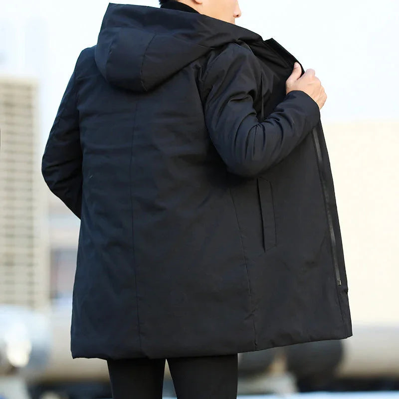 Black waterproof jacket with attached hood and quilted interior lining