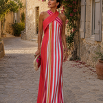 Pink and white striped cross-back halter maxi dress with long fitted skirt