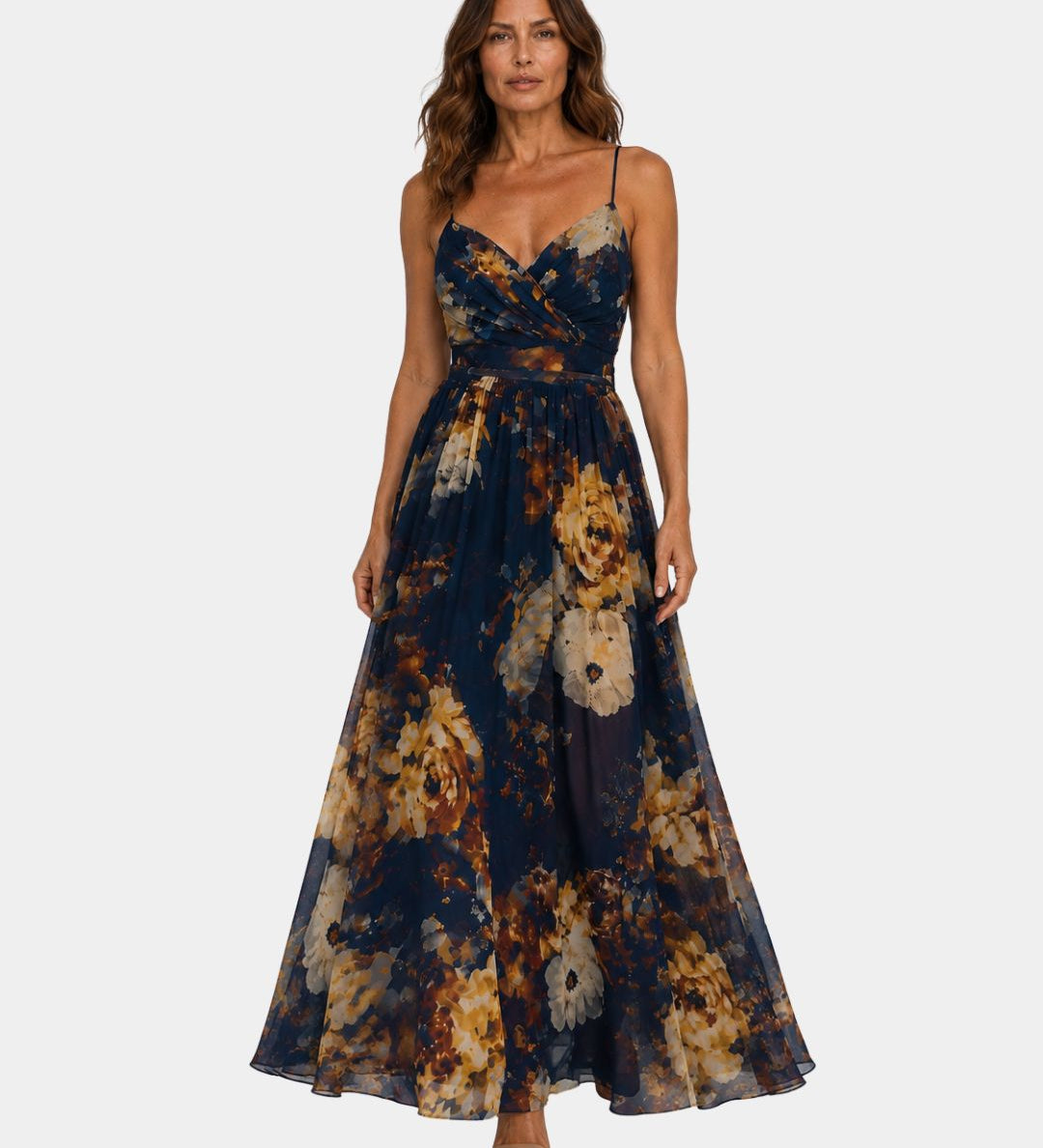 Navy floral maxi dress with spaghetti straps and cinched waist, full A-line skirt