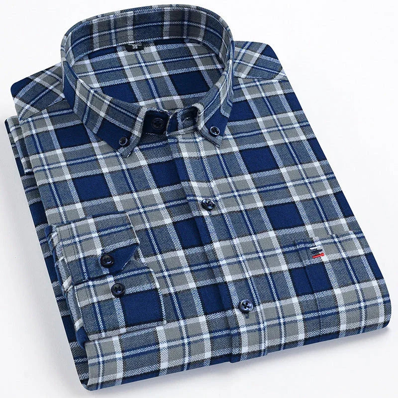 Navy and light gray plaid button-up classic checkered shirt with long sleeves
