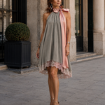 Gray sleeveless halter dress, lace trim hem, pink sash-style neck tie