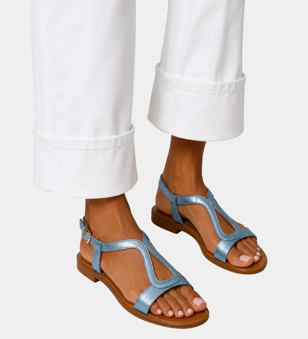 Blue T-strap open-toe sandals with low block heel and ankle strap