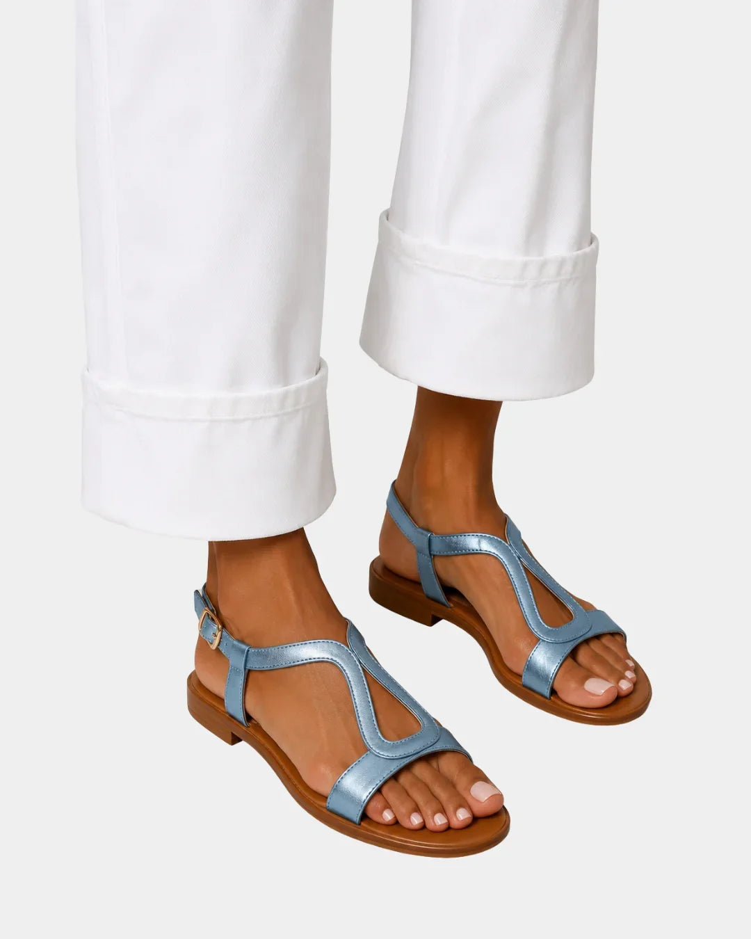 Blue T-strap open-toe sandals with low block heel and ankle strap