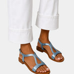Blue T-strap open-toe sandals with low block heel and ankle strap