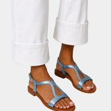 Blue T-strap open-toe sandals with low block heel and ankle strap