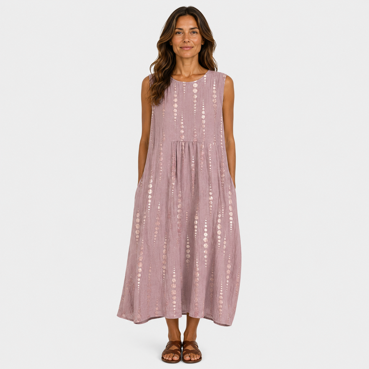 Sleeveless mauve summer dress with round neckline and vertical sequin embroidery