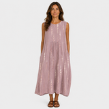 Sleeveless mauve summer dress with round neckline and vertical sequin embroidery