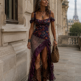 Boho maxi dress in purple with floral print, leopard panel, ruffled skirt, thigh slit