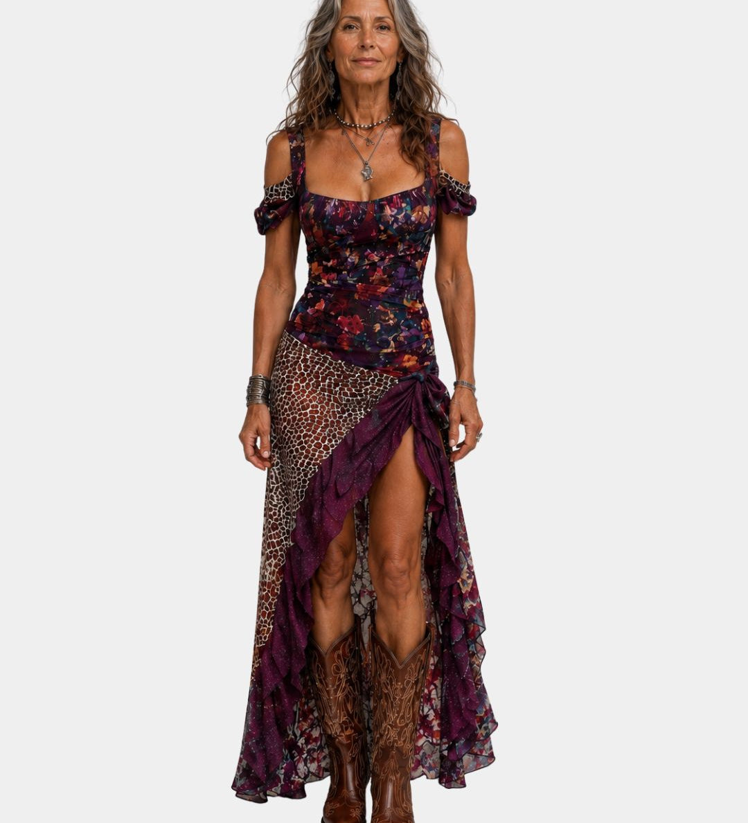Boho maxi dress with floral print, leopard panel, off-shoulder sleeves, front slit