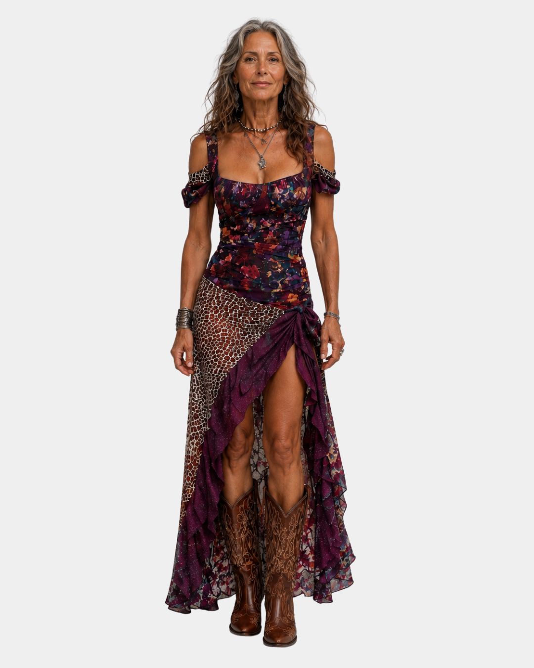 Boho maxi dress with floral print, leopard panel, off-shoulder sleeves, front slit