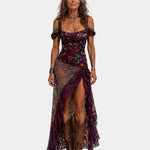 Boho maxi dress with floral print, leopard panel, off-shoulder sleeves, front slit