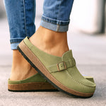 Light green orthopedic slip-on loafers with buckle strap and cushioned sole