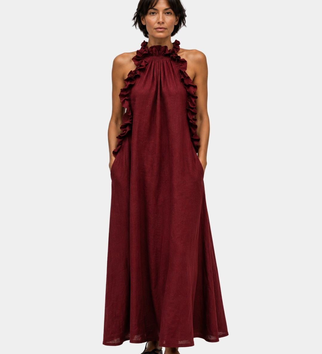 Burgundy sleeveless long dress with high ruffled neck and layered bodice