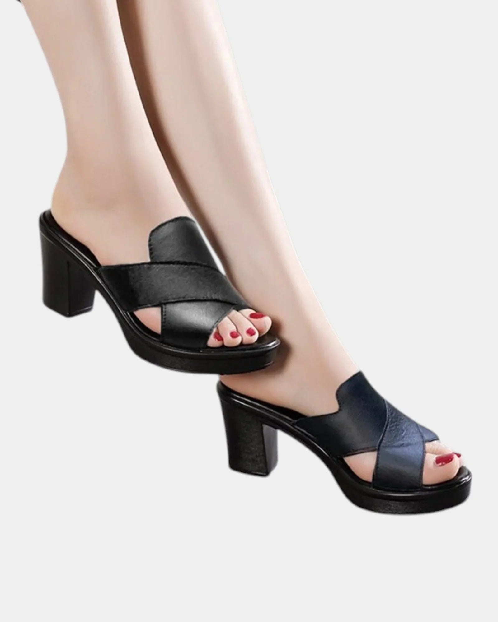 Orthopedic slide sandal with open toe, two straps, black leather and black block heel