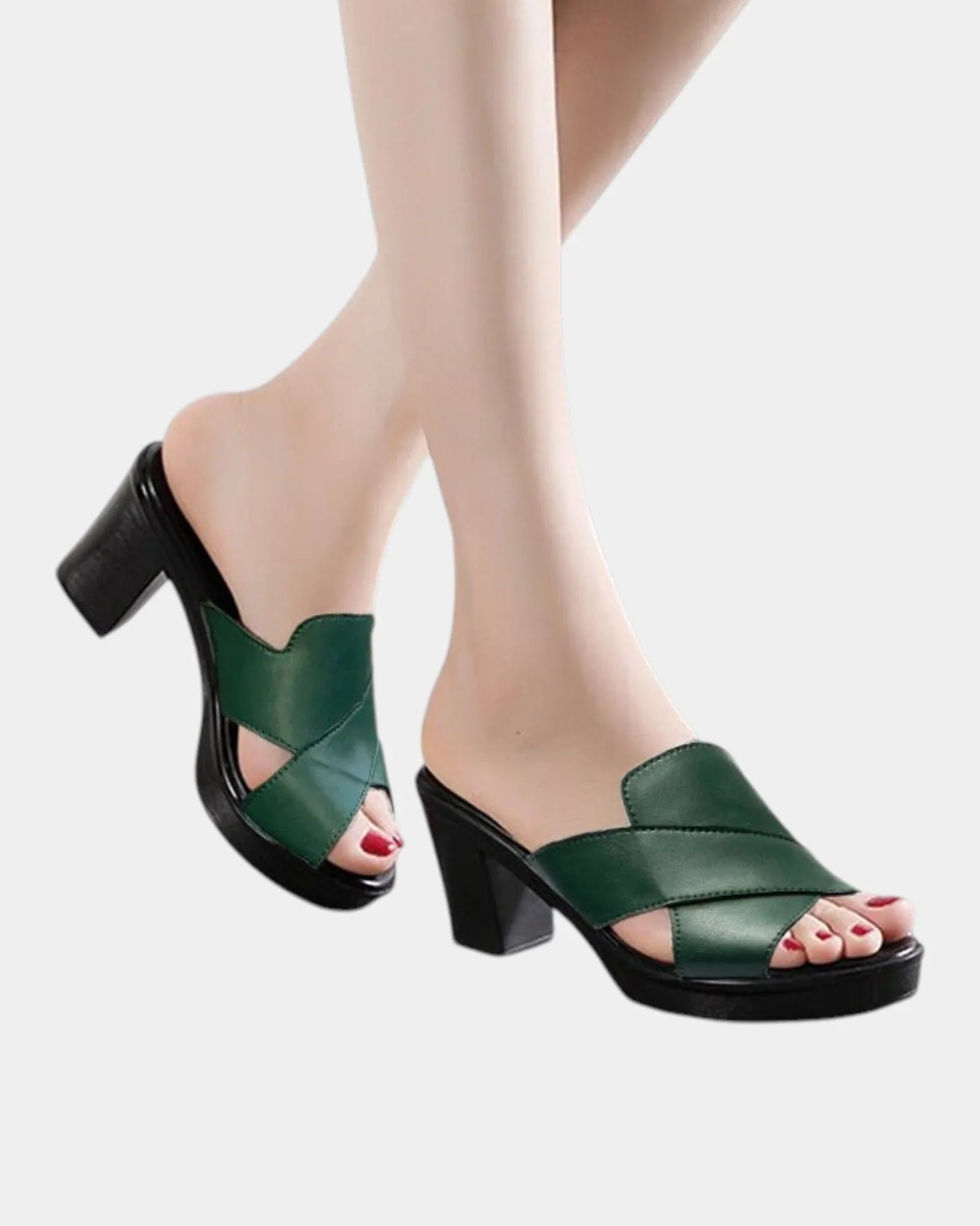 Green orthopedic slide sandals with wide cross straps and chunky block heel