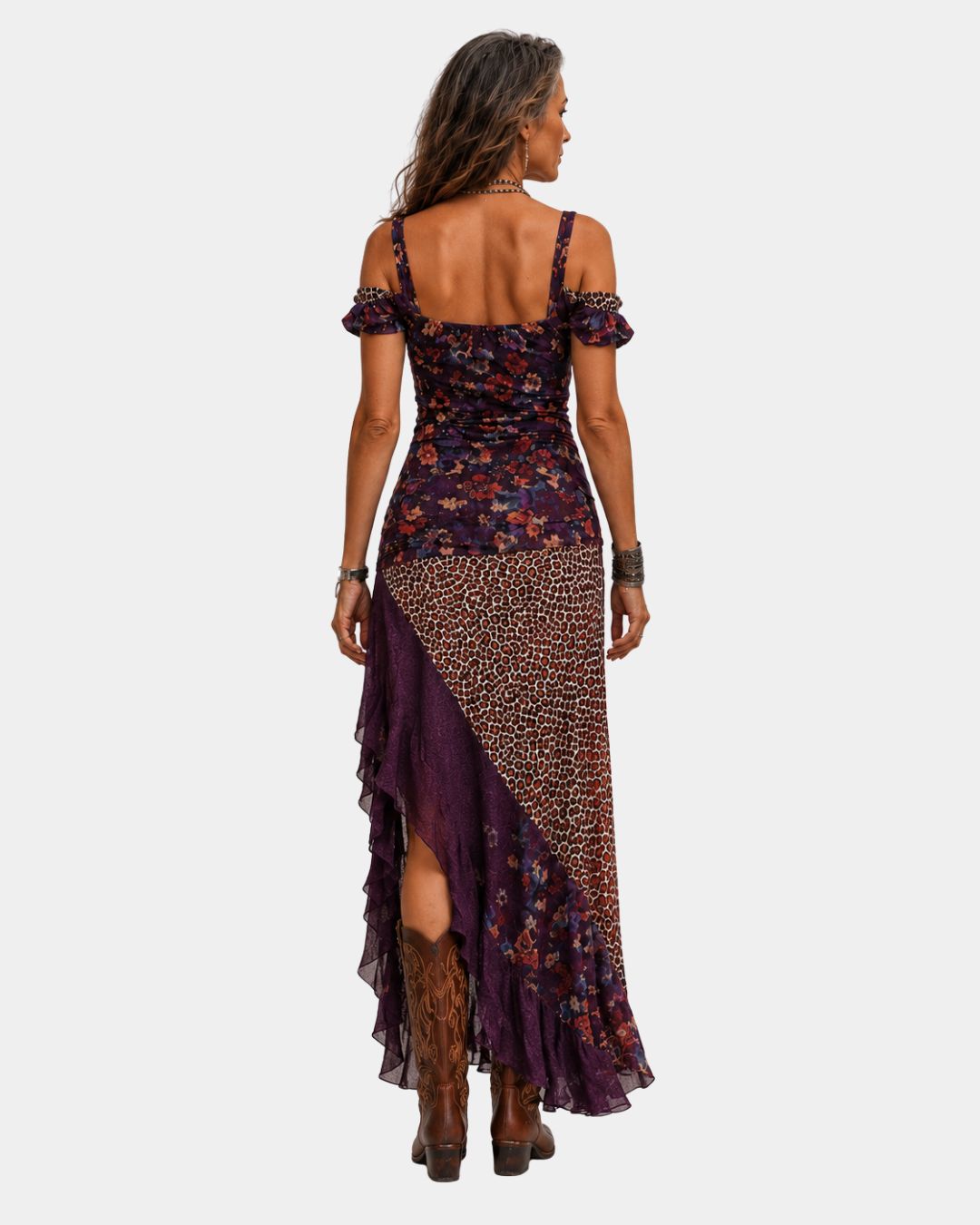 Boho maxi dress back view with floral print, leopard panel, layered ruffles, open slit