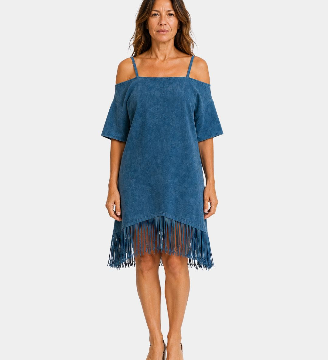 Blue strappy off-shoulder dress with short sleeves and fringe hem