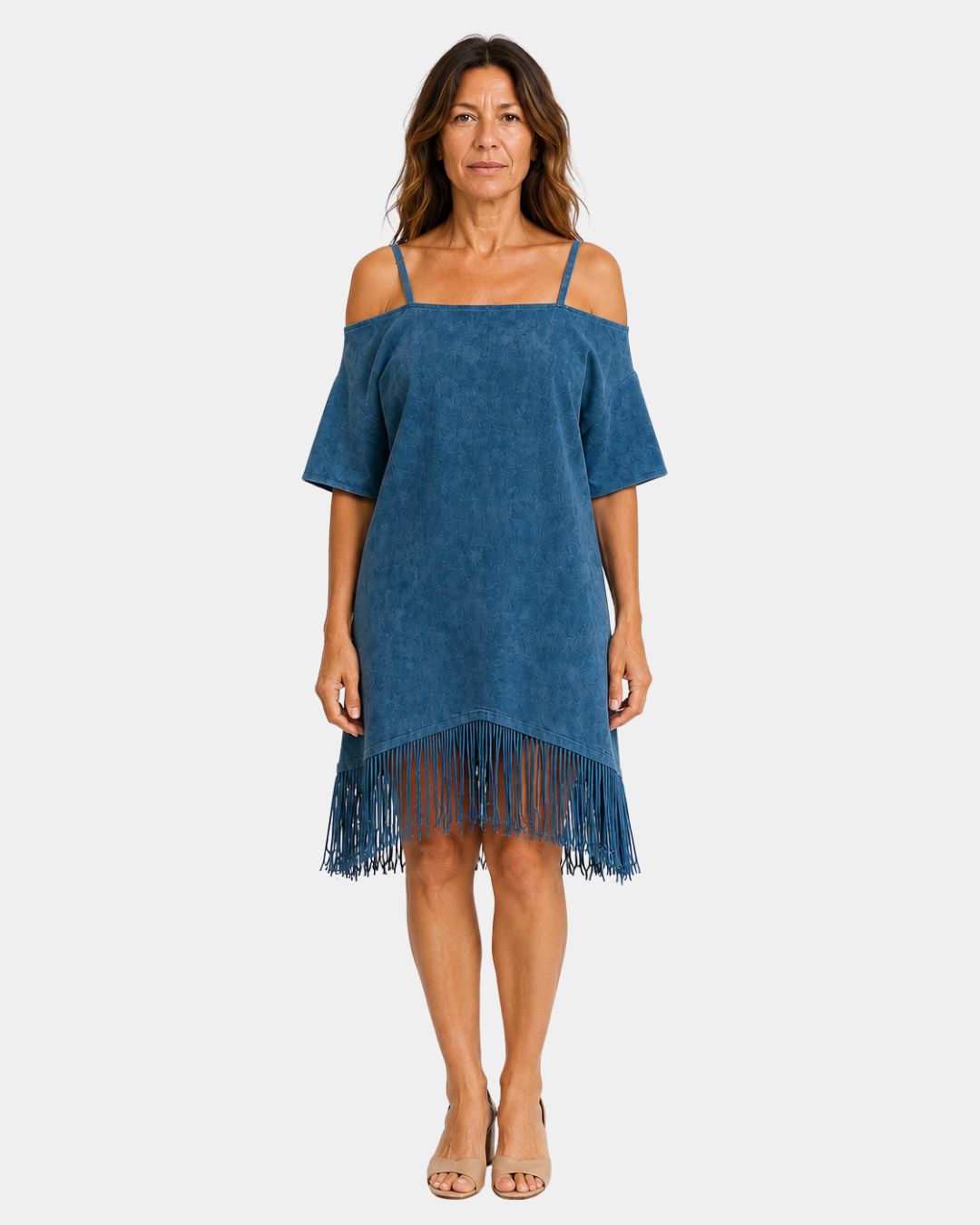 Blue strappy off-shoulder dress with short sleeves and fringe hem