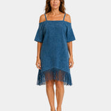 Blue strappy off-shoulder dress with short sleeves and fringe hem