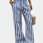 Blue striped wide-leg pants with elastic drawstring waist