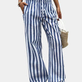 Blue striped wide-leg pants with elastic drawstring waist