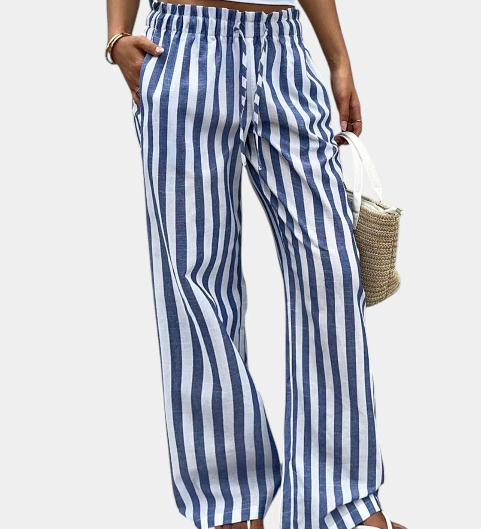 Blue striped wide-leg pants with elastic drawstring waist