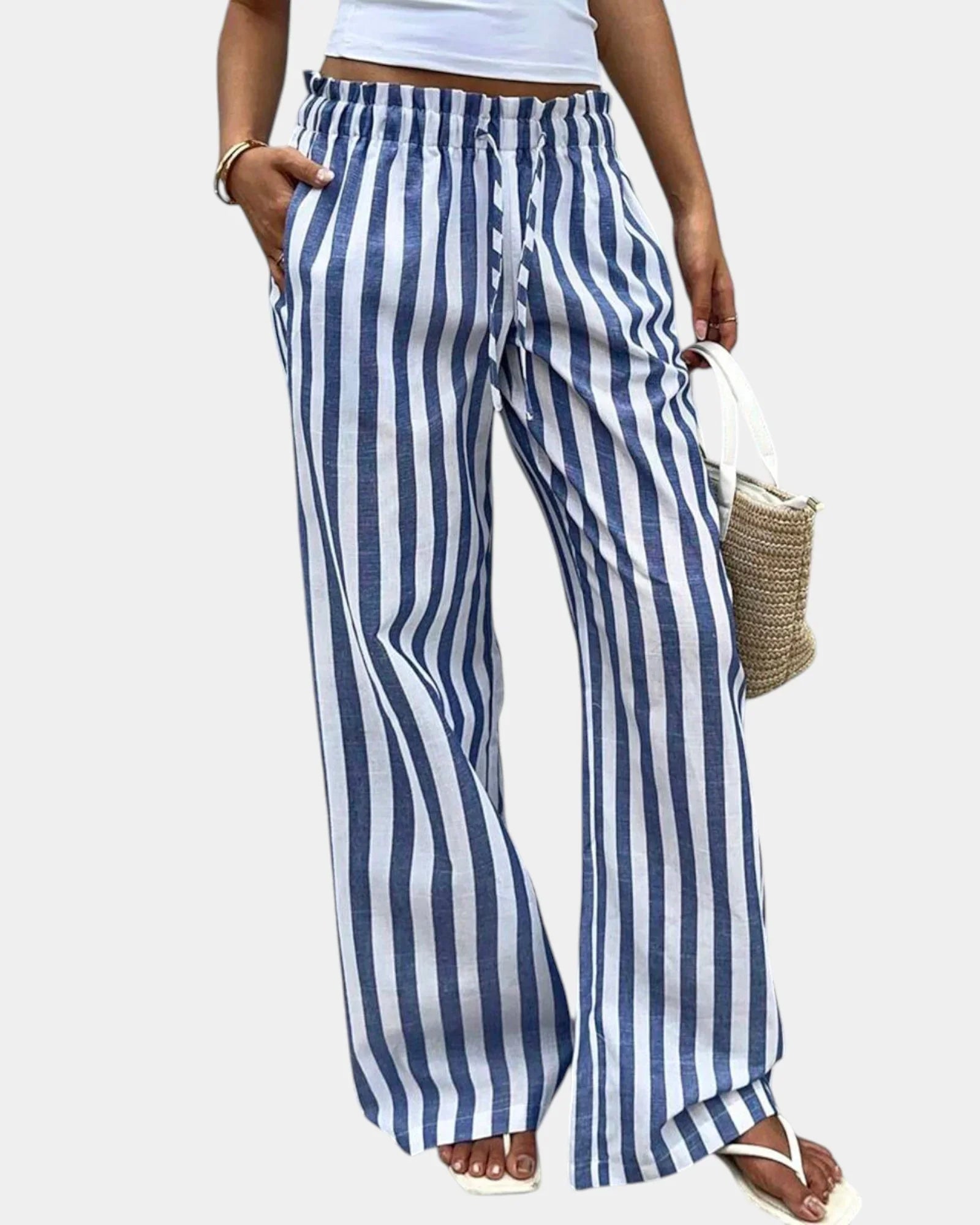 Blue striped wide-leg pants with elastic drawstring waist