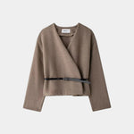 Taupe-brown light duster jacket with wrap V-neck and waist belt, long sleeves